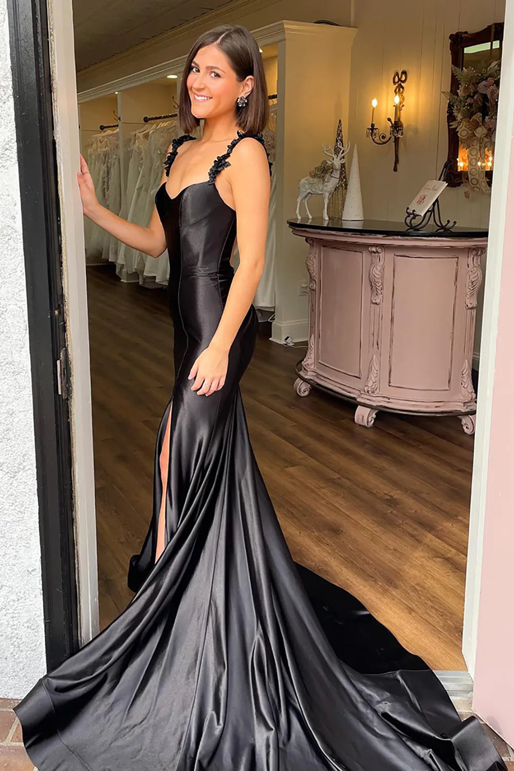 Red Spaghetti Straps Satin Mermaid Long Prom Dress with Slit