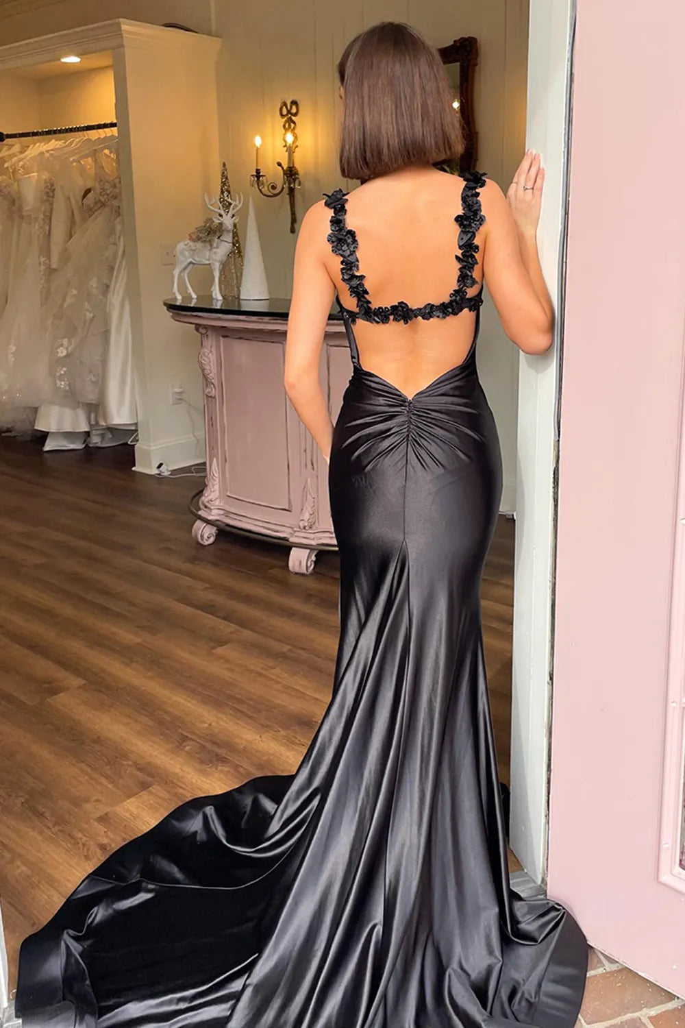 Red Spaghetti Straps Satin Mermaid Long Prom Dress with Slit