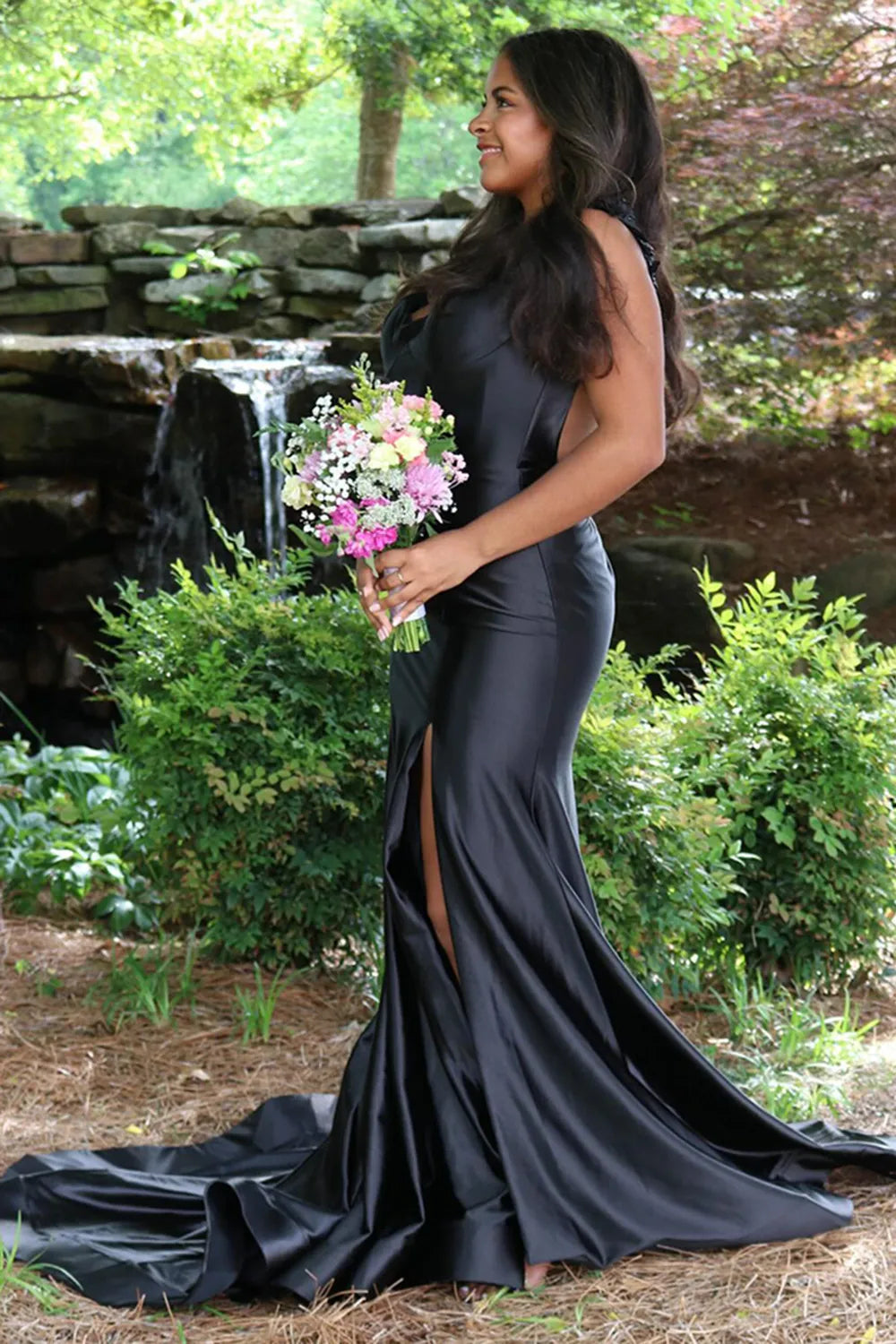 Red Spaghetti Straps Satin Mermaid Long Prom Dress with Slit