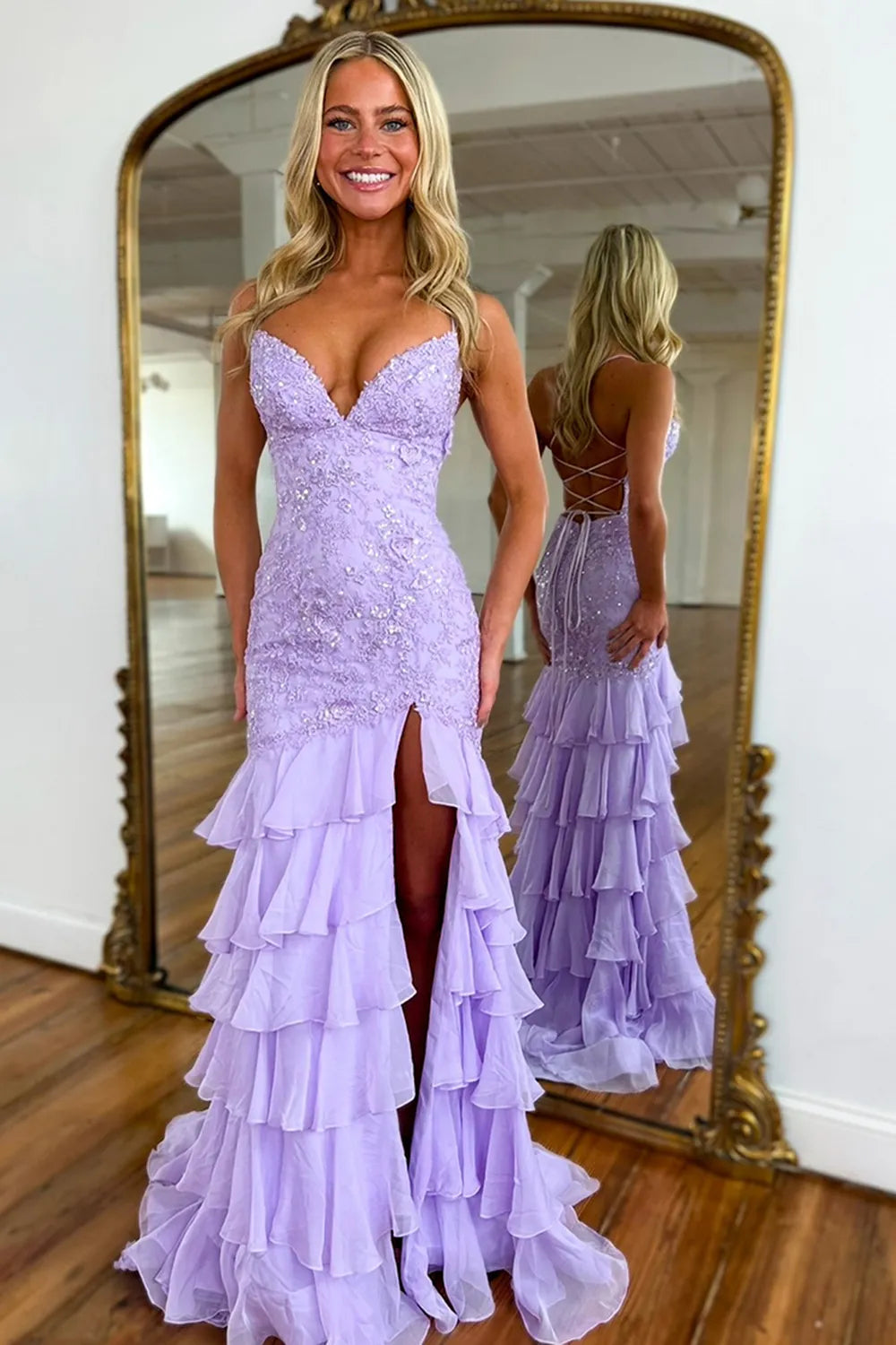 Lilac Spaghetti Straps Chiffon Tiered Mermaid Long Prom Dress with Appliques