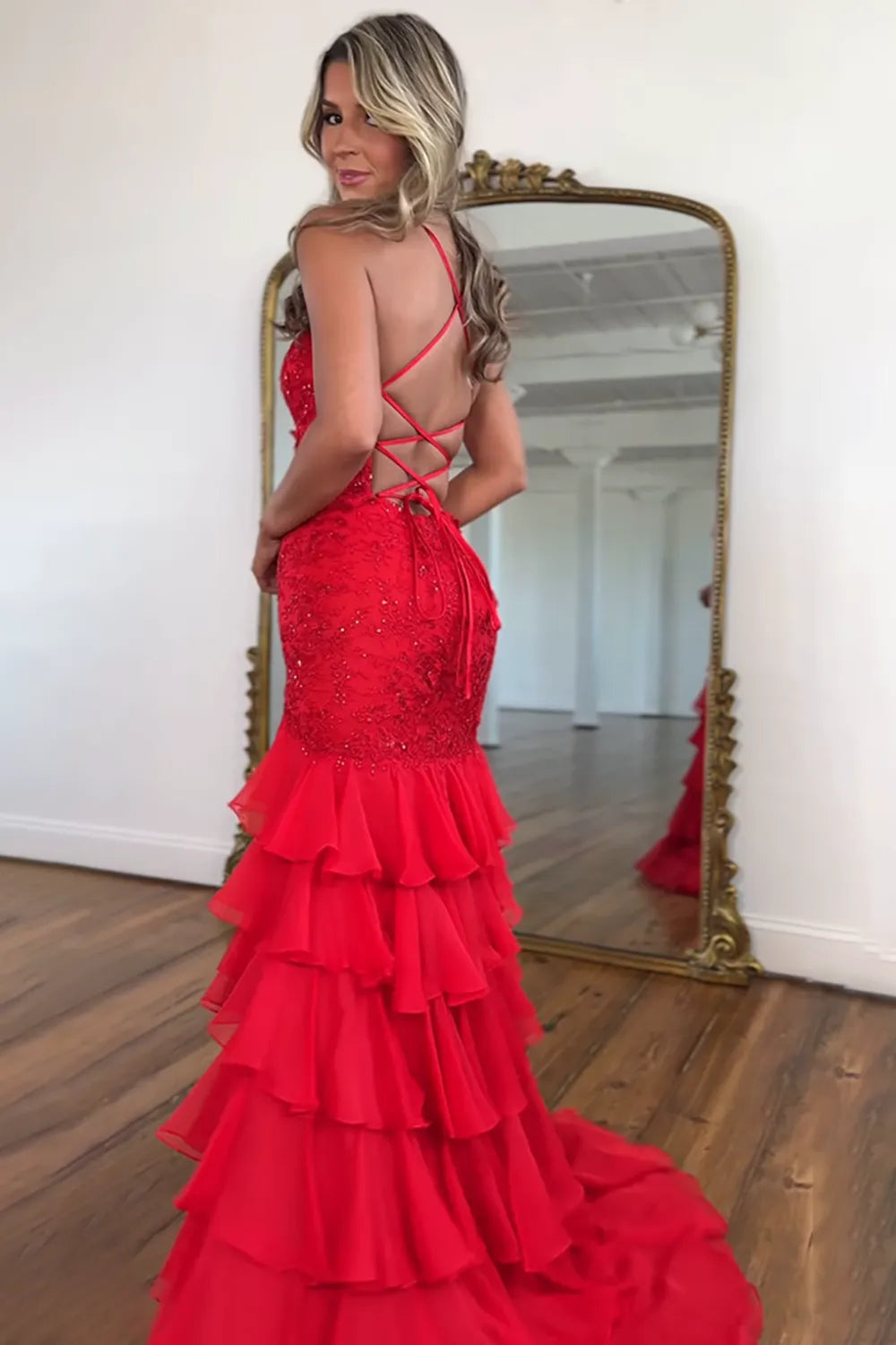 Lilac Spaghetti Straps Chiffon Tiered Mermaid Long Prom Dress with Appliques