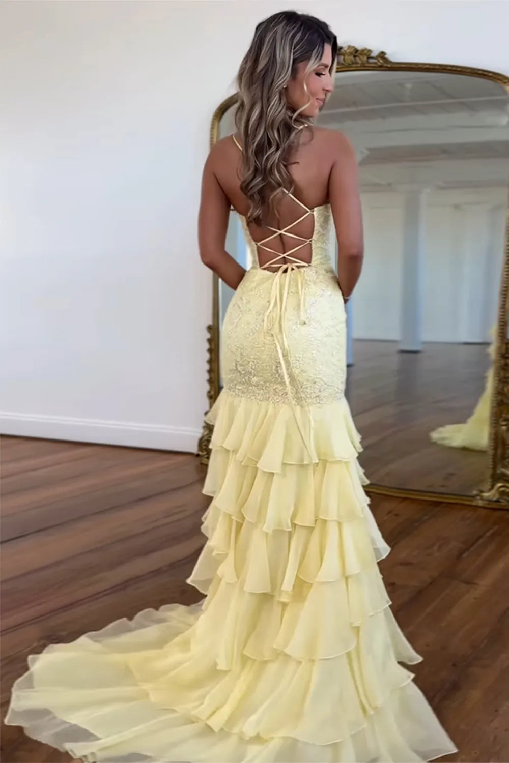 Lilac Spaghetti Straps Chiffon Tiered Mermaid Long Prom Dress with Appliques