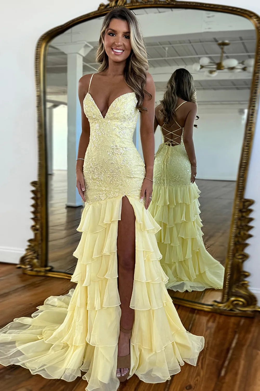 Lilac Spaghetti Straps Chiffon Tiered Mermaid Long Prom Dress with Appliques