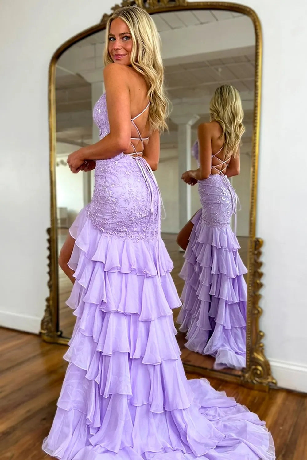 Lilac Spaghetti Straps Chiffon Tiered Mermaid Long Prom Dress with Appliques