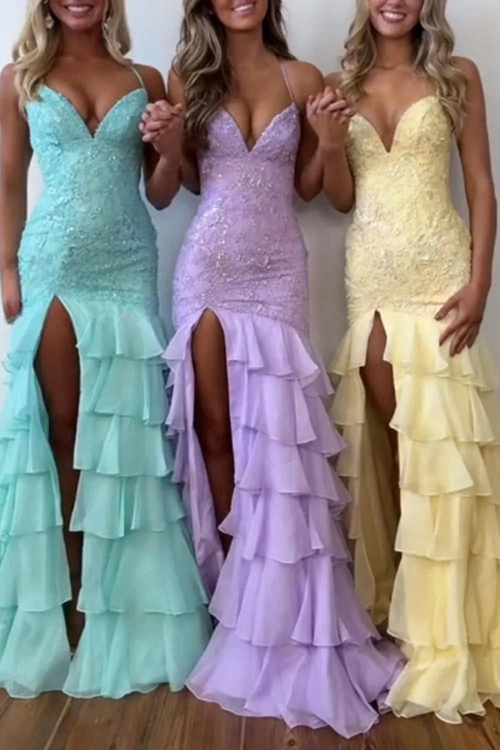 Lilac Spaghetti Straps Chiffon Tiered Mermaid Long Prom Dress with Appliques