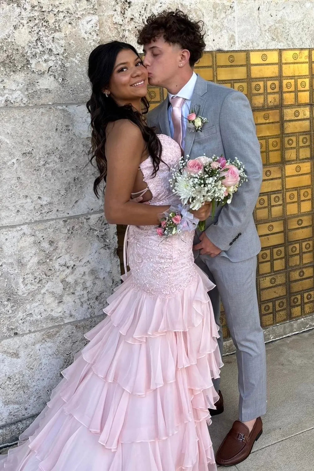 Lilac Spaghetti Straps Chiffon Tiered Mermaid Long Prom Dress with Appliques