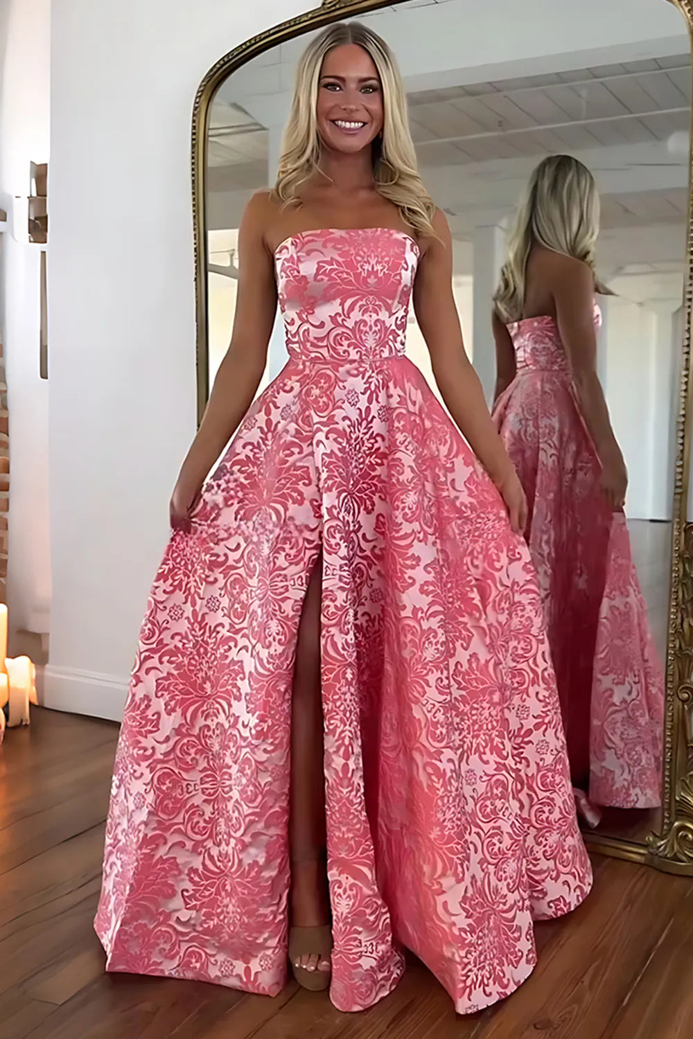 Pink Jacquard Floral A-Line Long Prom Dress with Slit