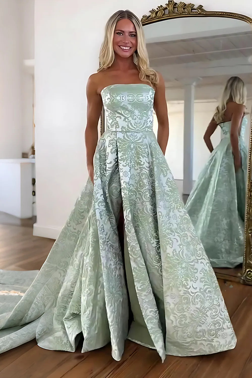 Pink Jacquard Floral A-Line Long Prom Dress with Slit