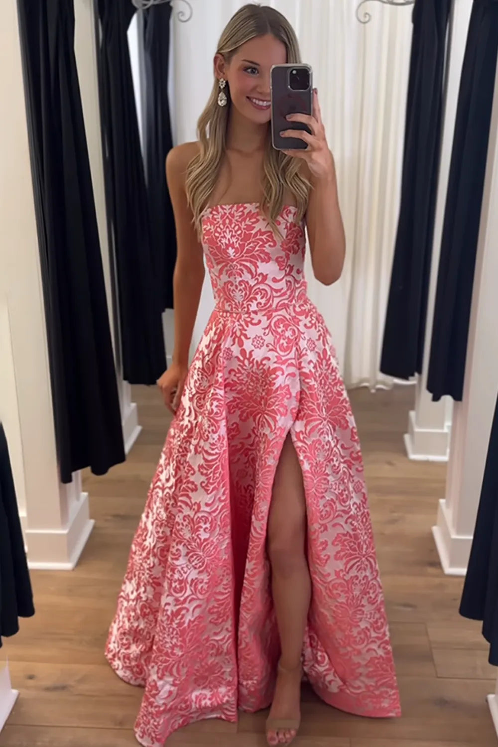 Pink Jacquard Floral A-Line Long Prom Dress with Slit