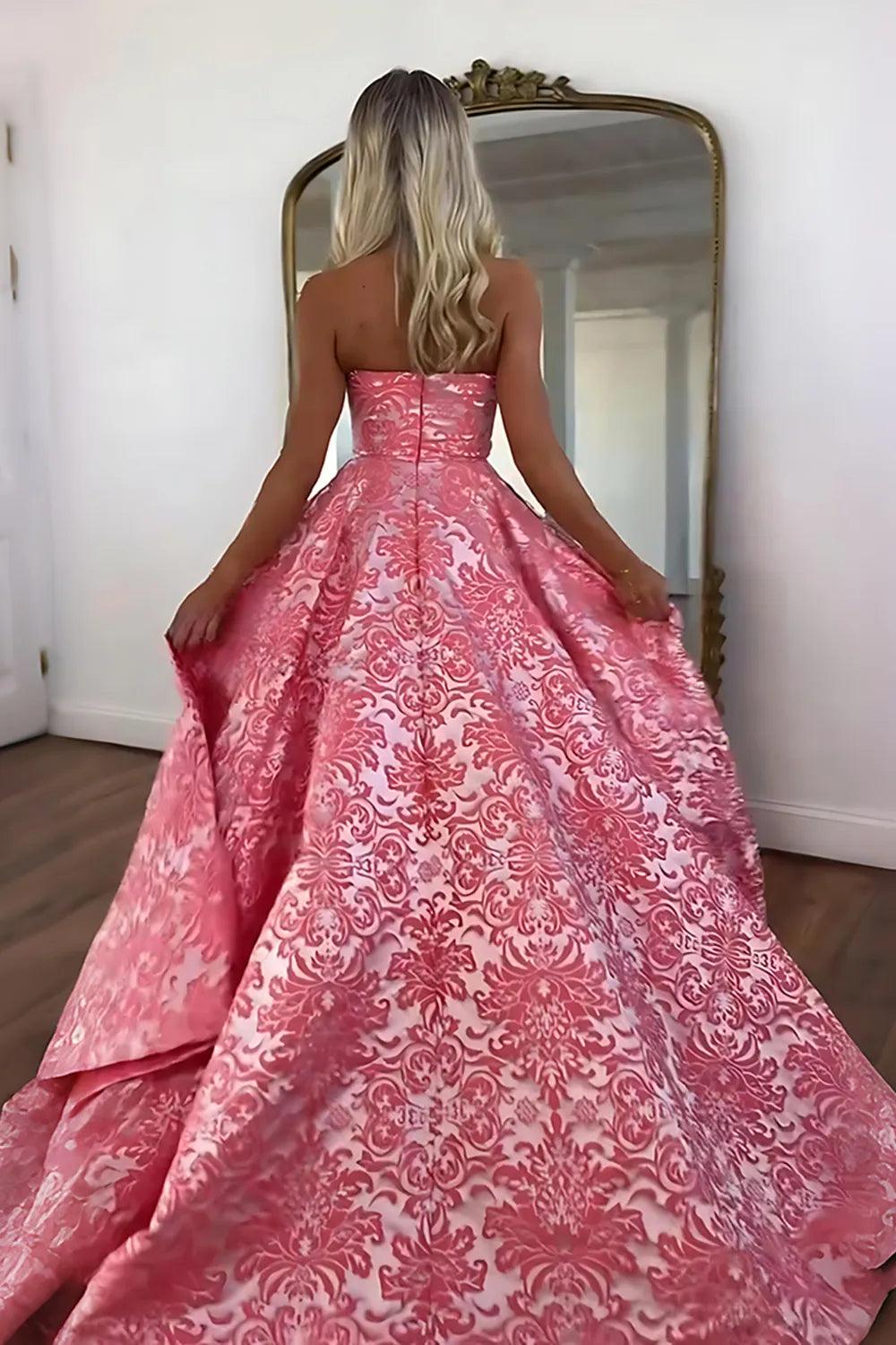 Pink Jacquard Floral A-Line Long Prom Dress with Slit