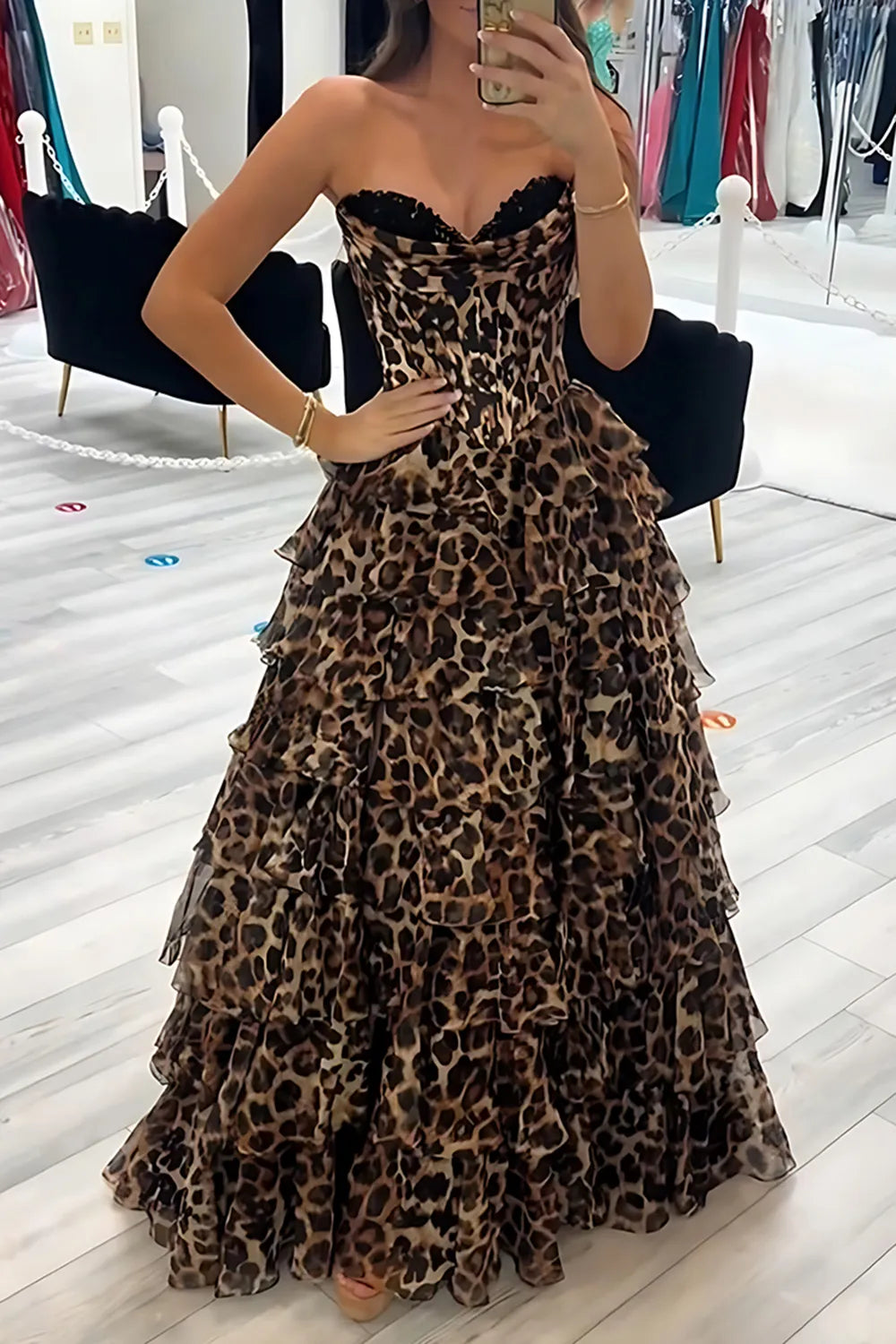 Brown Leopard Sweetheart Chiffon Tiered A-Line Long Prom Dress