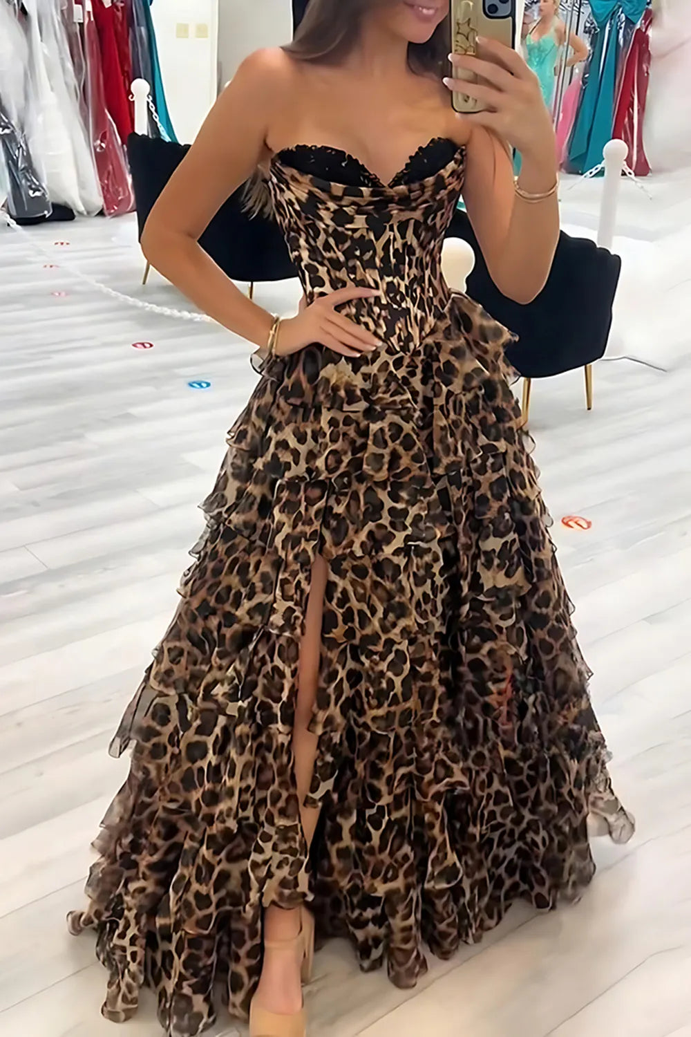 Brown Leopard Sweetheart Chiffon Tiered A-Line Long Prom Dress