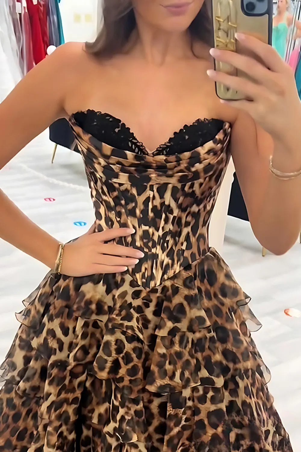 Brown Leopard Sweetheart Chiffon Tiered A-Line Long Prom Dress