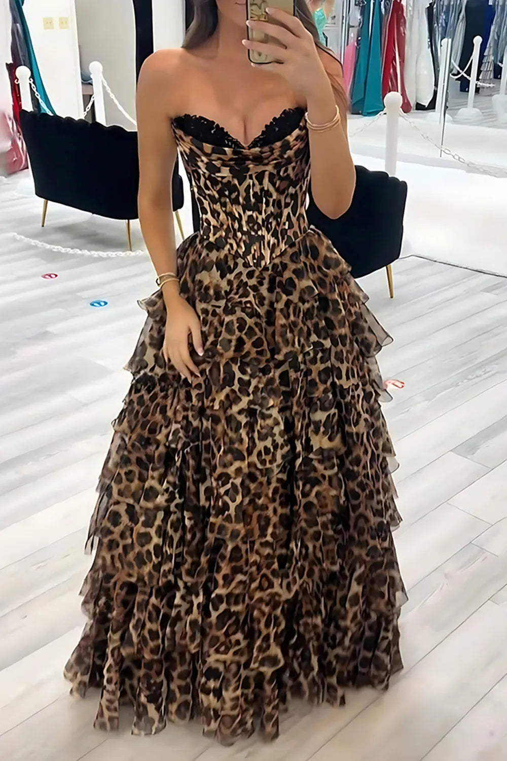 Brown Leopard Sweetheart Chiffon Tiered A-Line Long Prom Dress