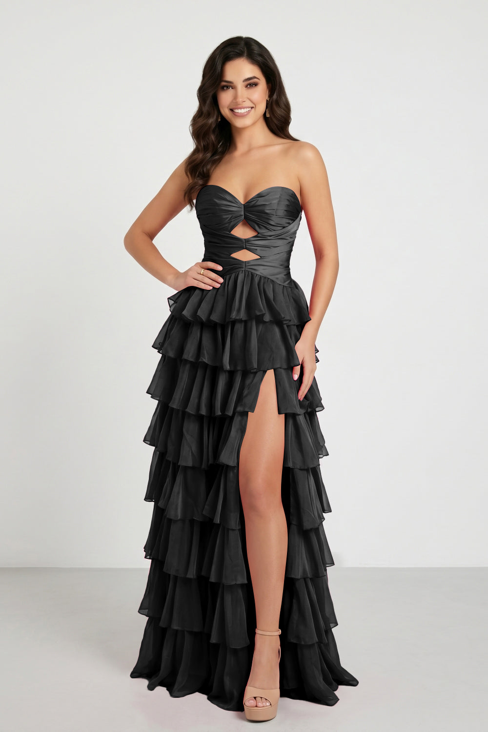 Hot Pink Sweetheart A-Line Chiffon Tiered Long Prom Dress with Slit