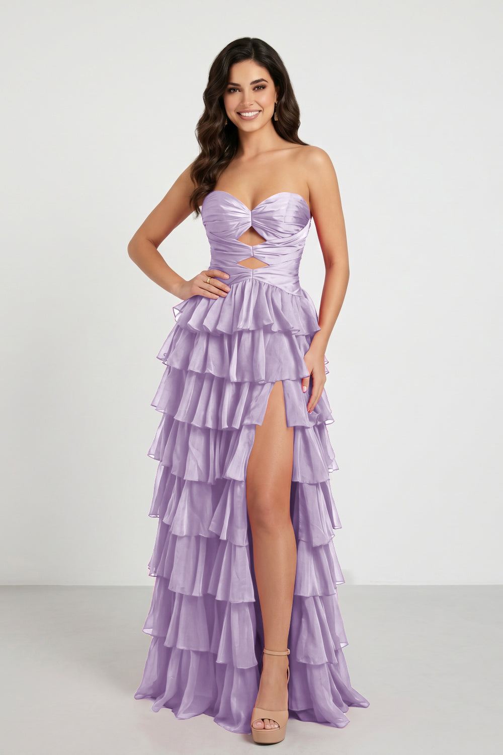 Hot Pink Sweetheart A-Line Chiffon Tiered Long Prom Dress with Slit