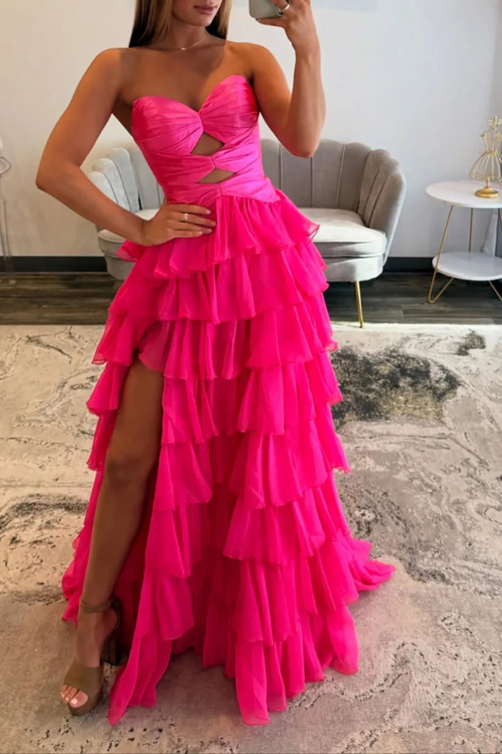 Hot Pink Sweetheart Chiffon Tiered A-Line Long Prom Dress with Slit