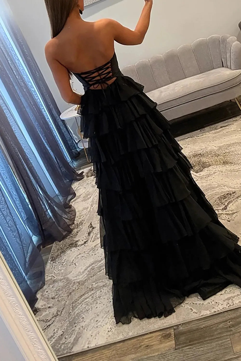 Hot Pink Sweetheart Chiffon Tiered A-Line Long Prom Dress with Slit