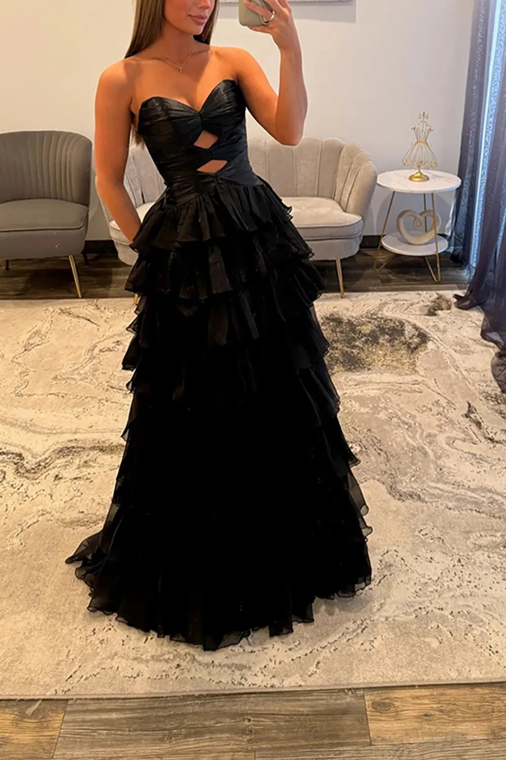 Hot Pink Sweetheart Chiffon Tiered A-Line Long Prom Dress with Slit