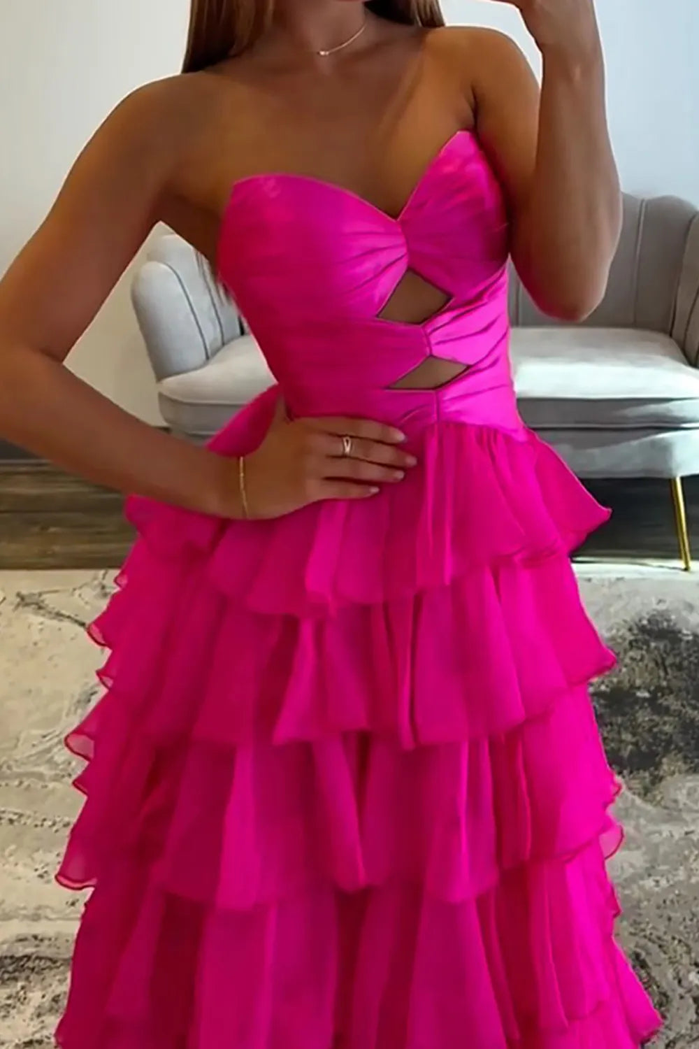 Hot Pink Sweetheart Chiffon Tiered A-Line Long Prom Dress with Slit