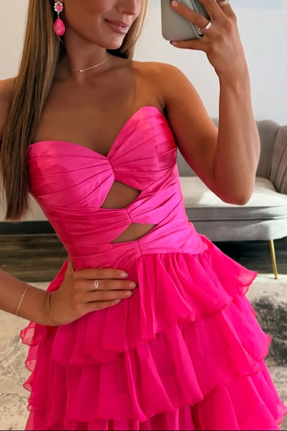 Hot Pink Sweetheart Chiffon Tiered A-Line Long Prom Dress with Slit