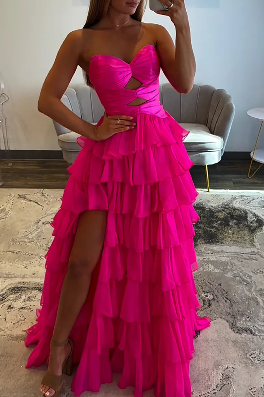 Hot Pink Sweetheart Chiffon Tiered A-Line Long Prom Dress with Slit