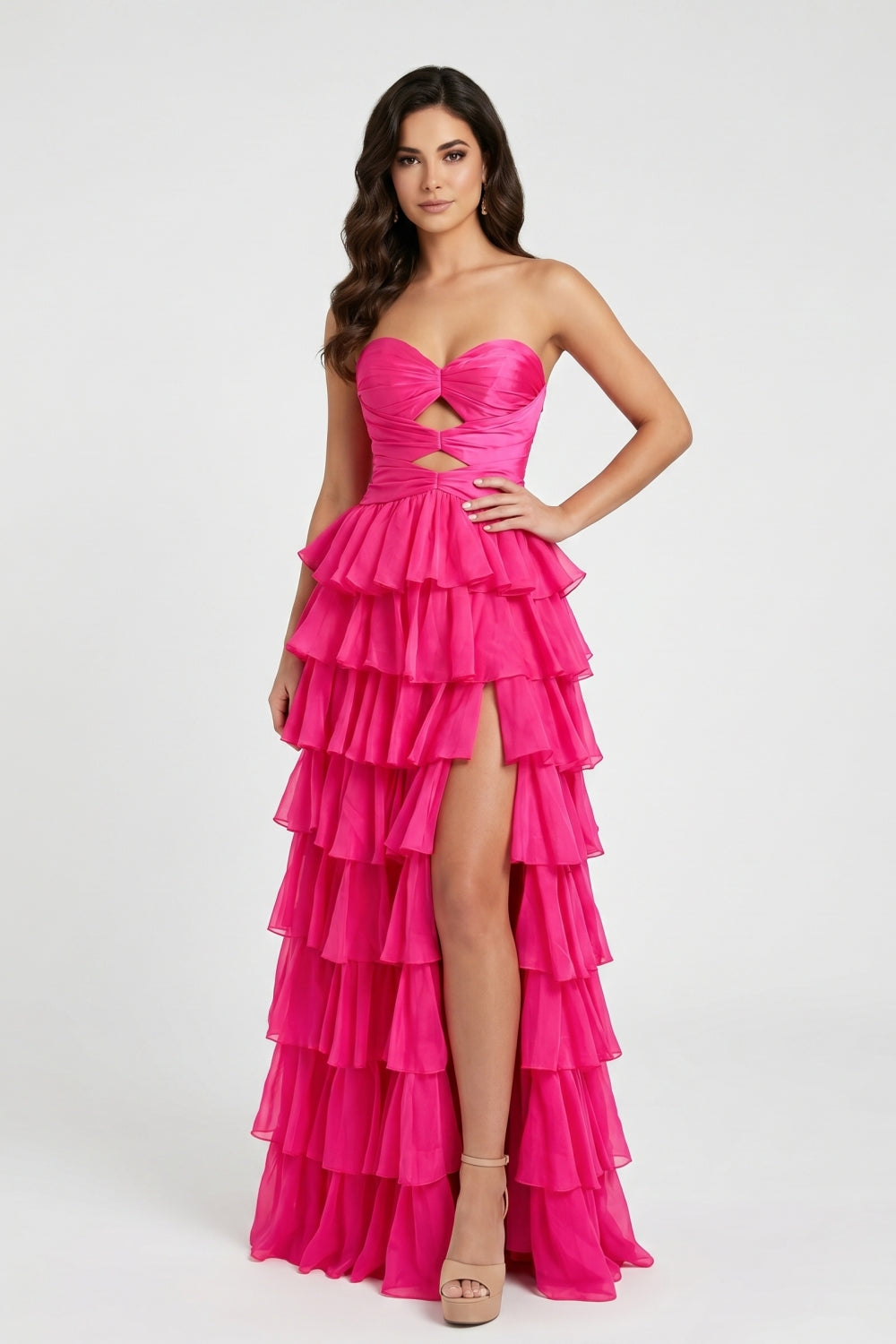 Hot Pink Sweetheart A-Line Chiffon Tiered Long Prom Dress with Slit