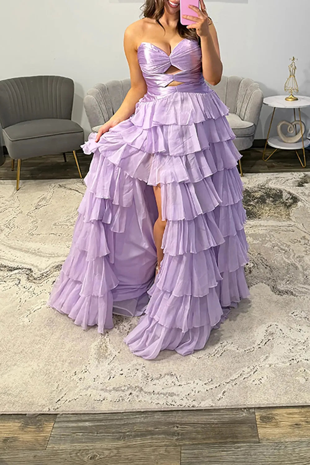 Hot Pink Sweetheart Chiffon Tiered A-Line Long Prom Dress with Slit
