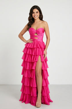 Hot Pink Sweetheart A-Line Chiffon Tiered Long Prom Dress with Slit