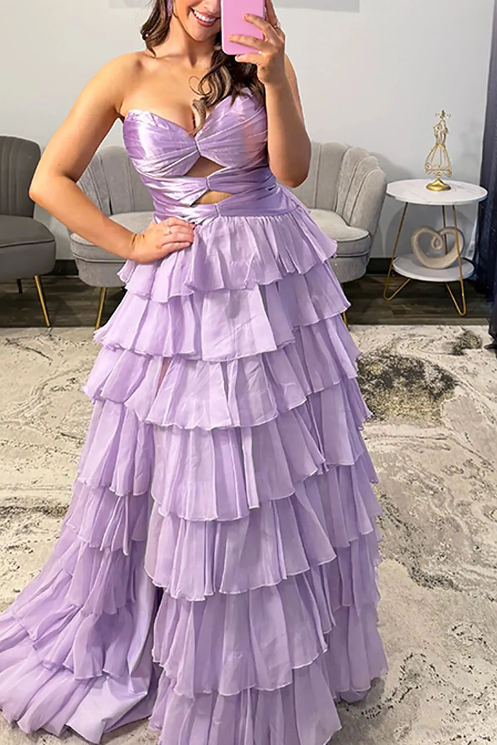Hot Pink Sweetheart Chiffon Tiered A-Line Long Prom Dress with Slit