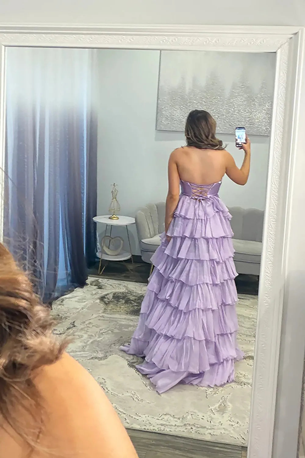 Hot Pink Sweetheart Chiffon Tiered A-Line Long Prom Dress with Slit