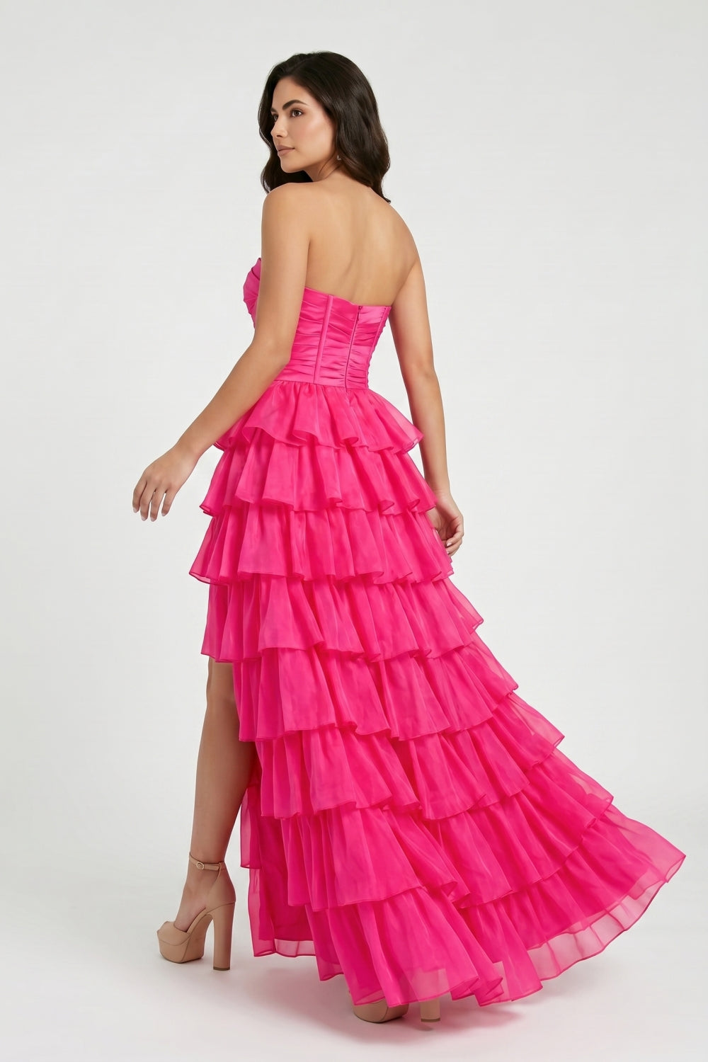 Hot Pink Sweetheart A-Line Chiffon Tiered Long Prom Dress with Slit