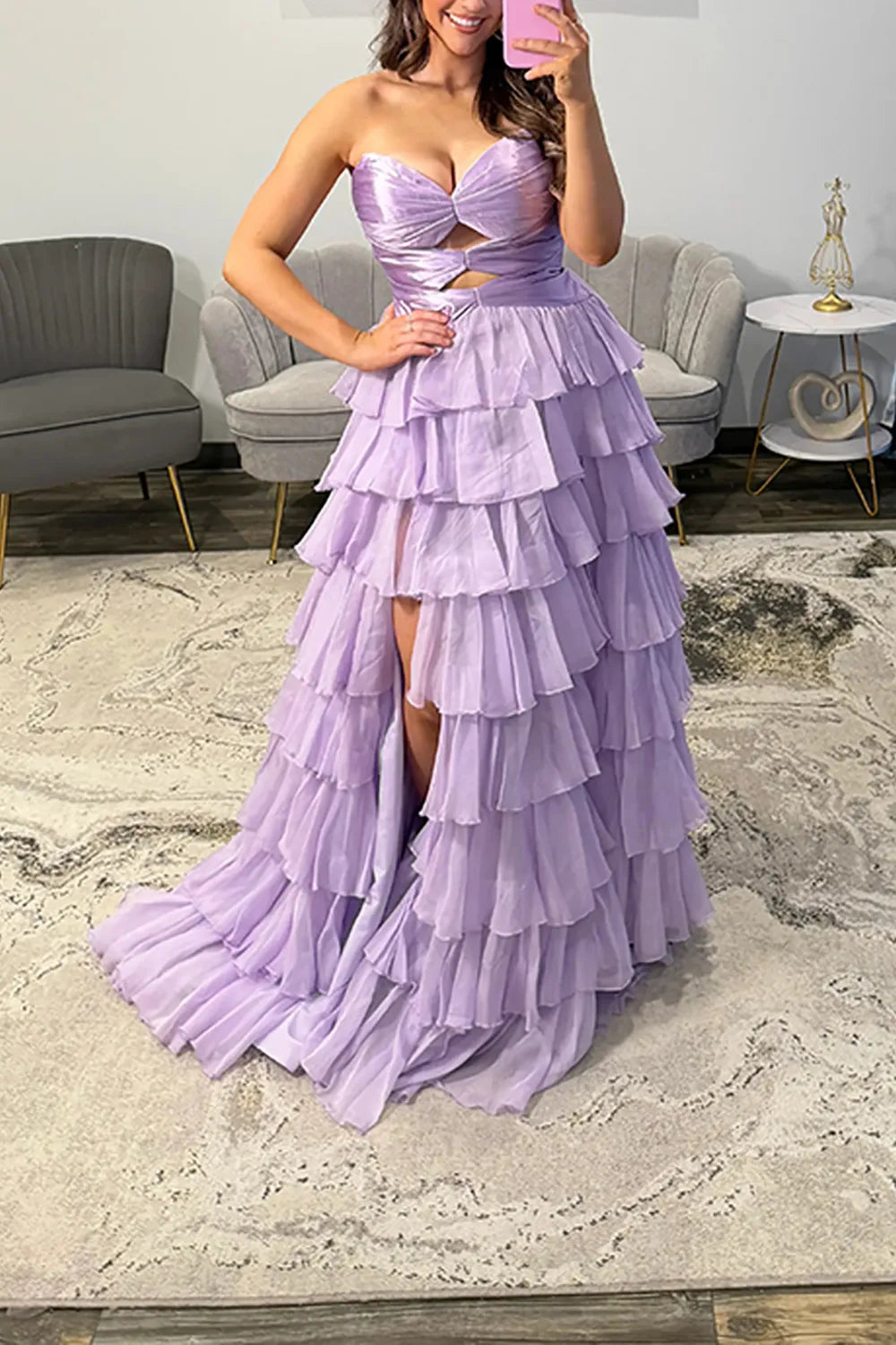 Hot Pink Sweetheart Chiffon Tiered A-Line Long Prom Dress with Slit