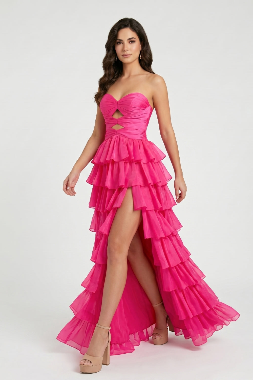 Hot Pink Sweetheart A-Line Chiffon Tiered Long Prom Dress with Slit