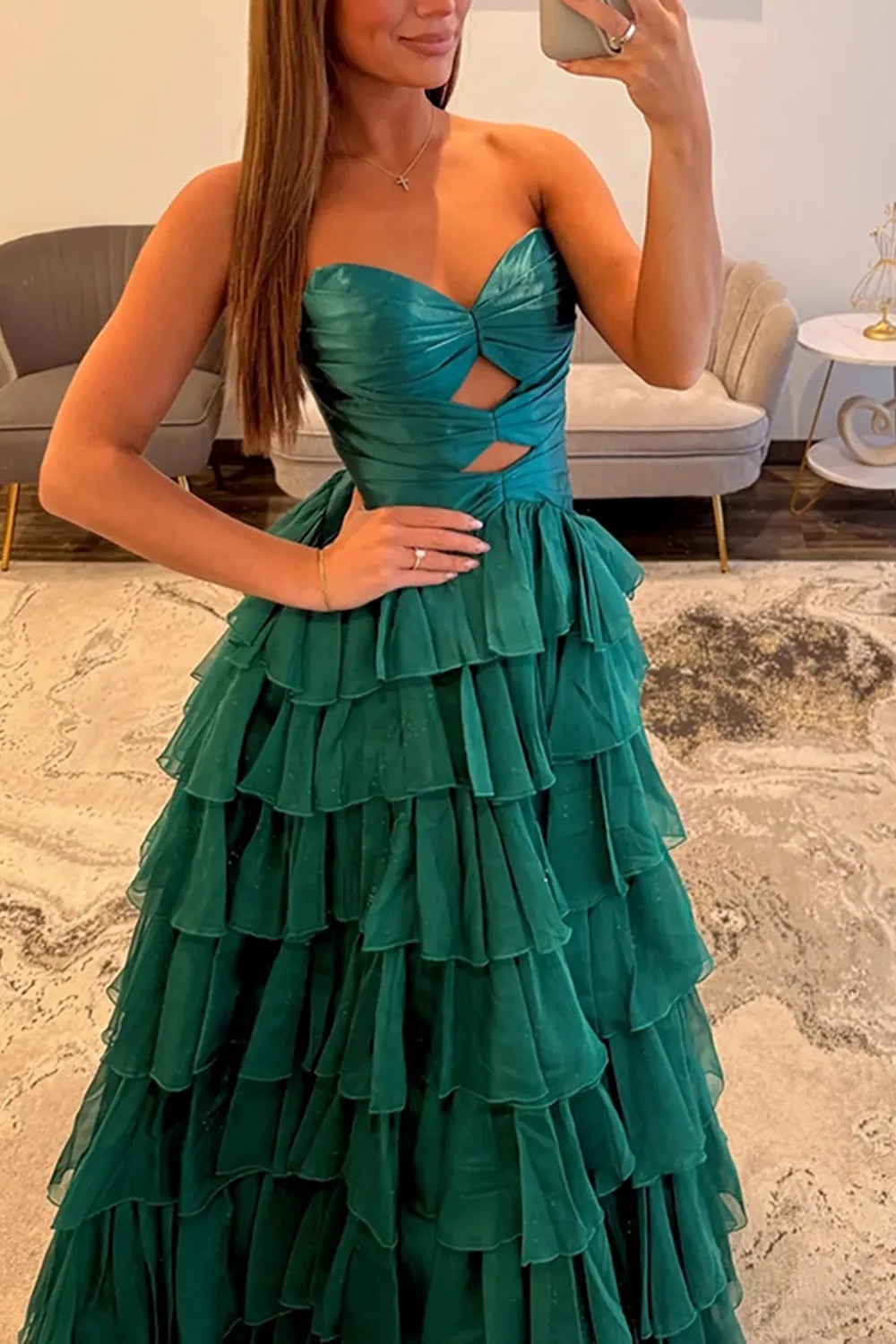Hot Pink Sweetheart Chiffon Tiered A-Line Long Prom Dress with Slit