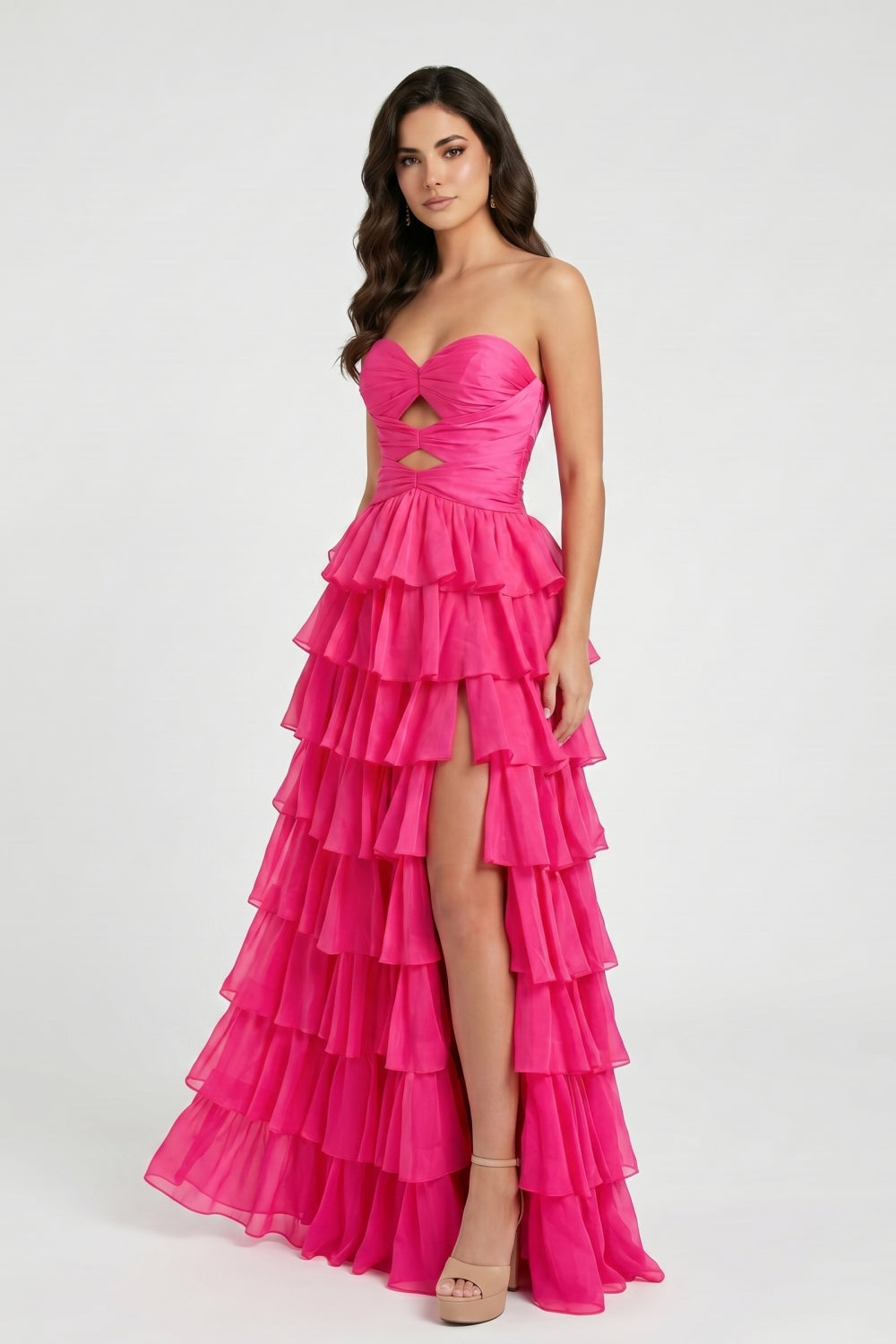 Hot Pink Sweetheart A-Line Chiffon Tiered Long Prom Dress with Slit