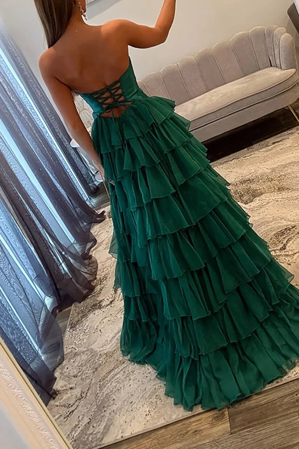 Hot Pink Sweetheart Chiffon Tiered A-Line Long Prom Dress with Slit