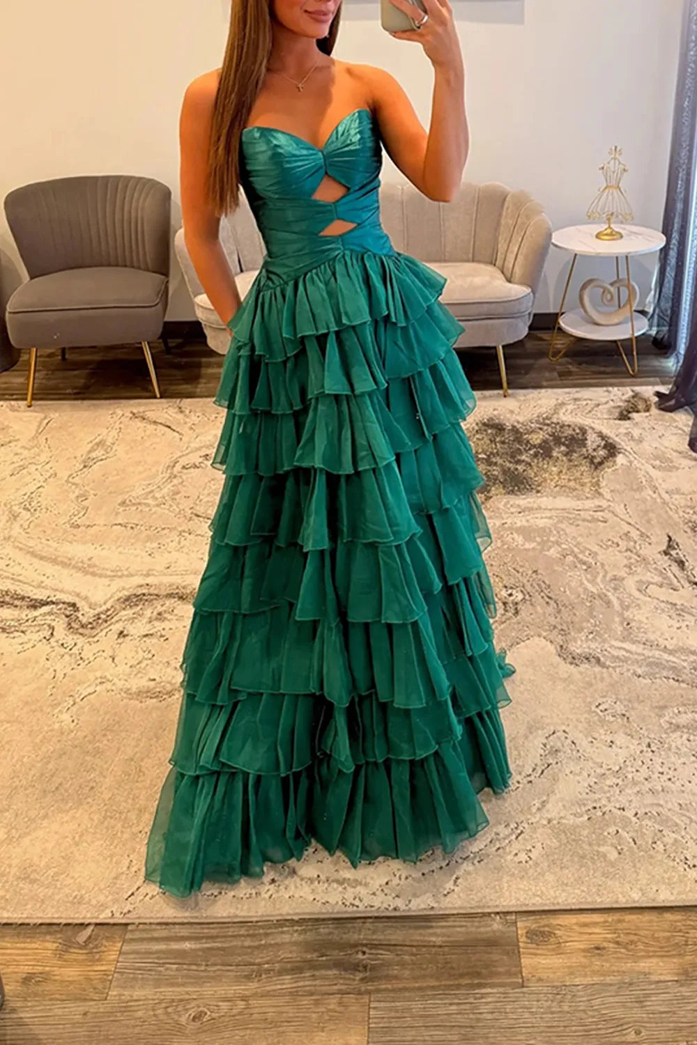 Hot Pink Sweetheart Chiffon Tiered A-Line Long Prom Dress with Slit