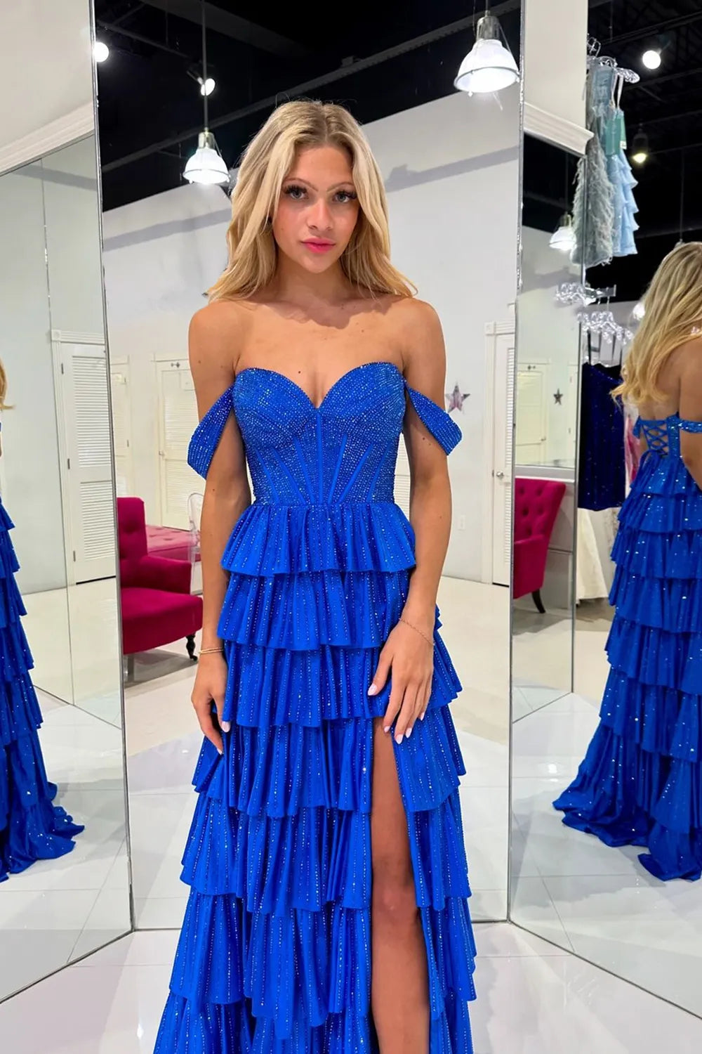 Glitter Black Off-the-Shoulder Beaded A-Line Tiered Long Prom Dress with Slit
