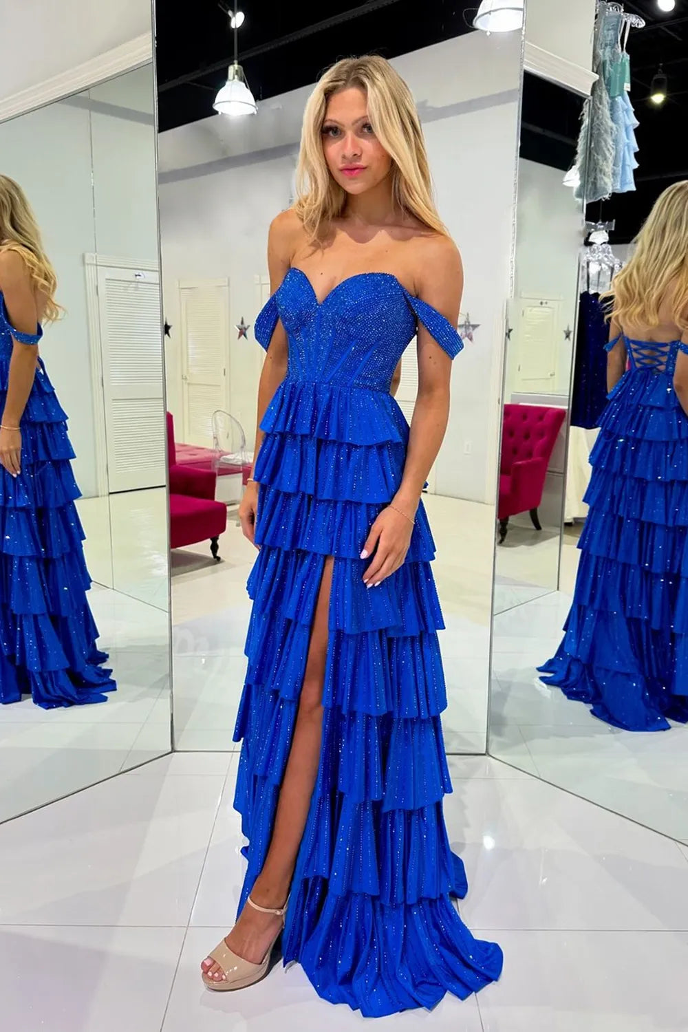 Glitter Black Off-the-Shoulder Beaded A-Line Tiered Long Prom Dress with Slit