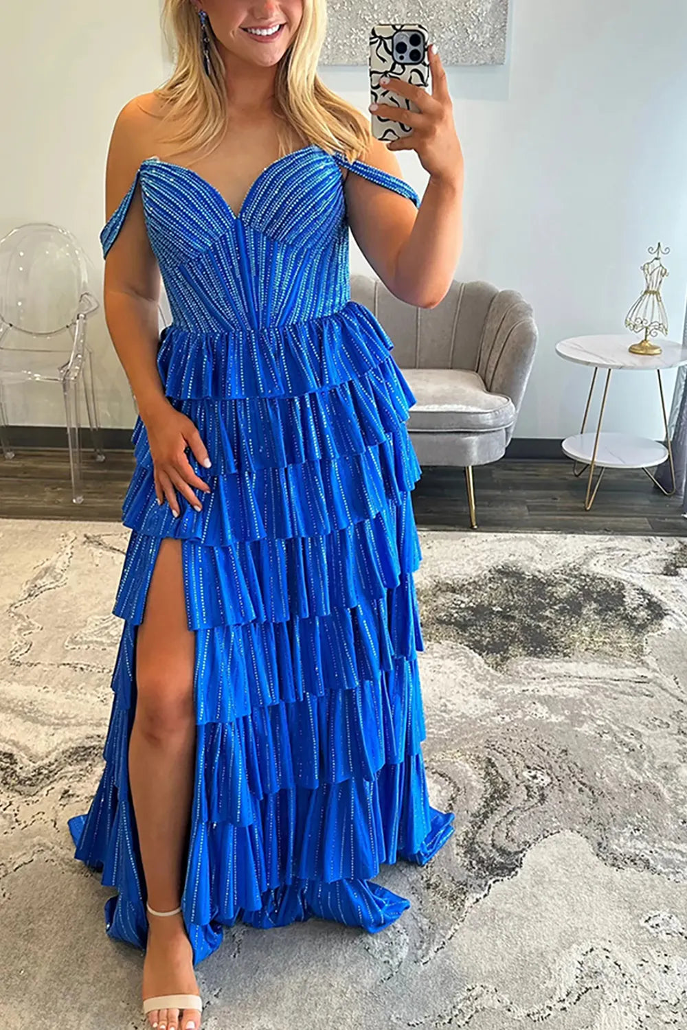 Glitter Black Off-the-Shoulder Beaded A-Line Tiered Long Prom Dress with Slit