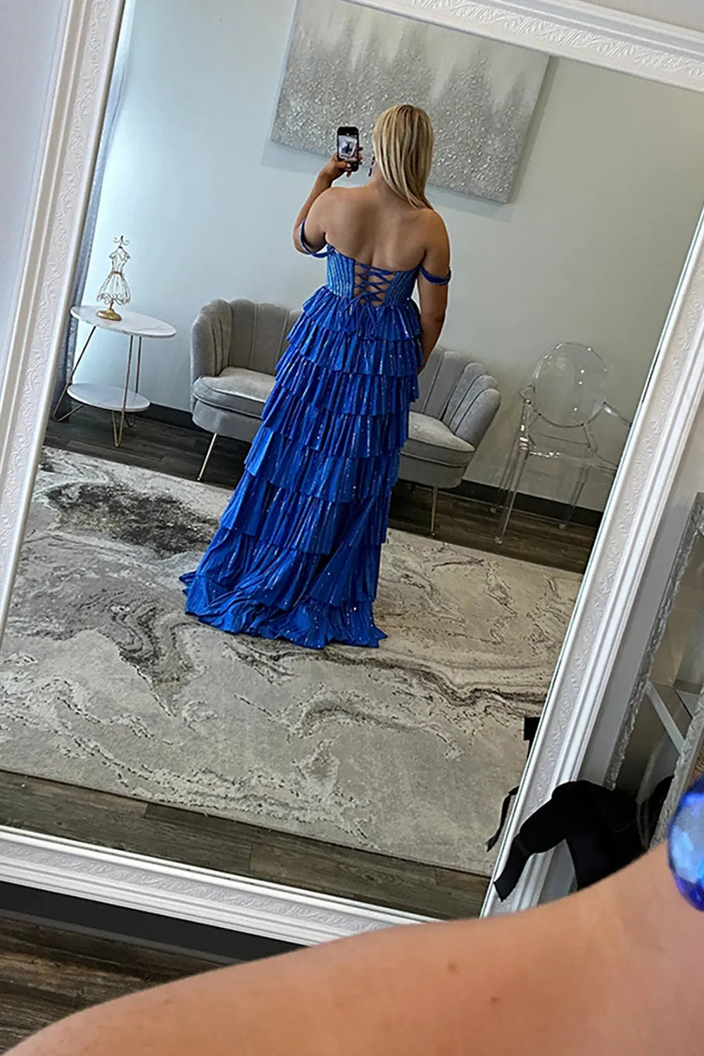 Glitter Black Off-the-Shoulder Beaded A-Line Tiered Long Prom Dress with Slit