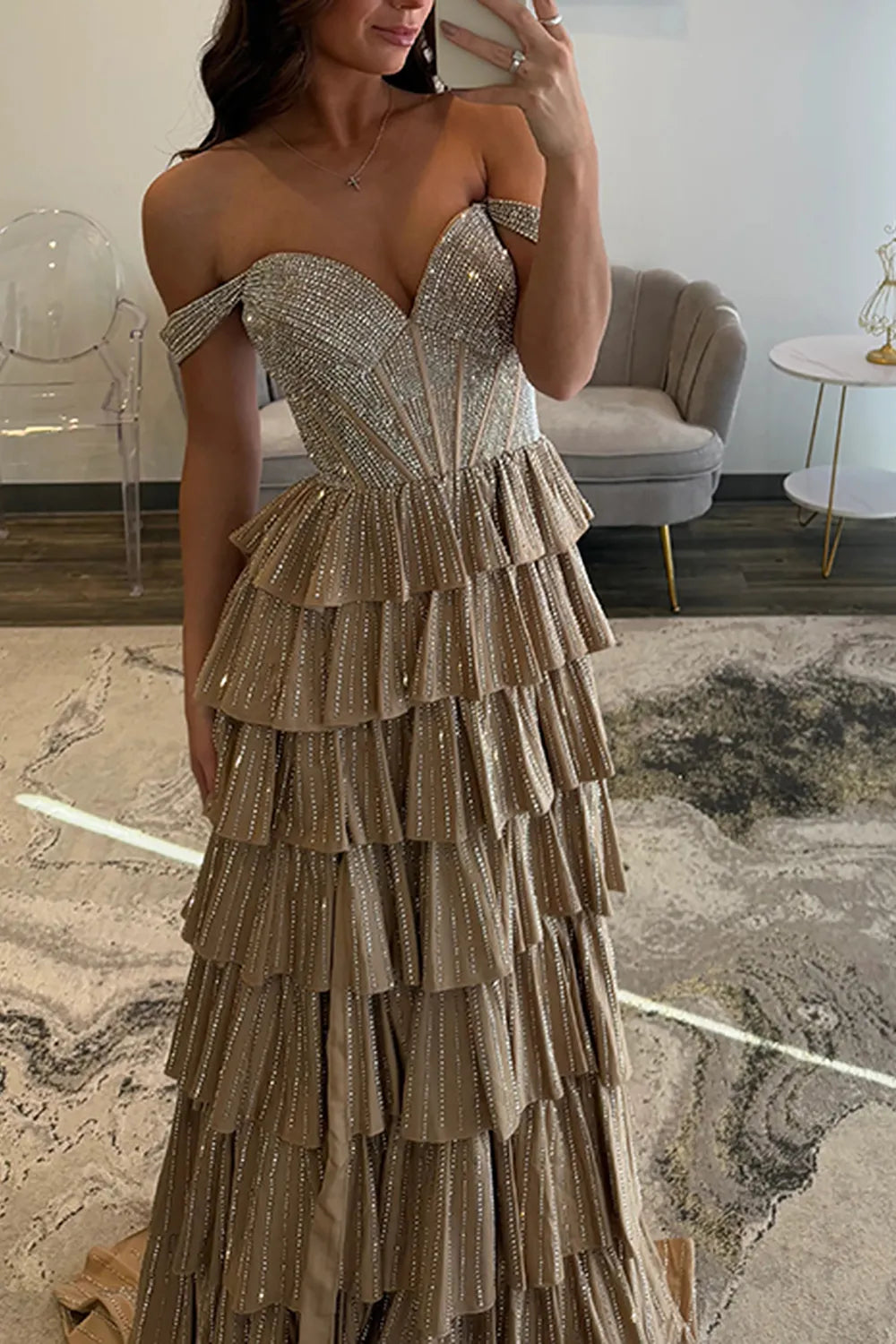 Glitter Black Off-the-Shoulder Beaded A-Line Tiered Long Prom Dress with Slit