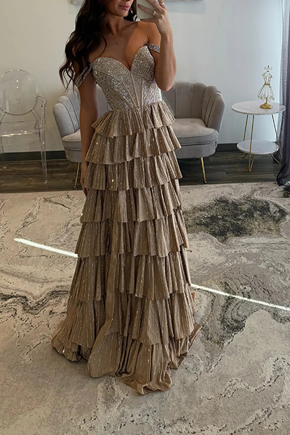 Glitter Black Off-the-Shoulder Beaded A-Line Tiered Long Prom Dress with Slit