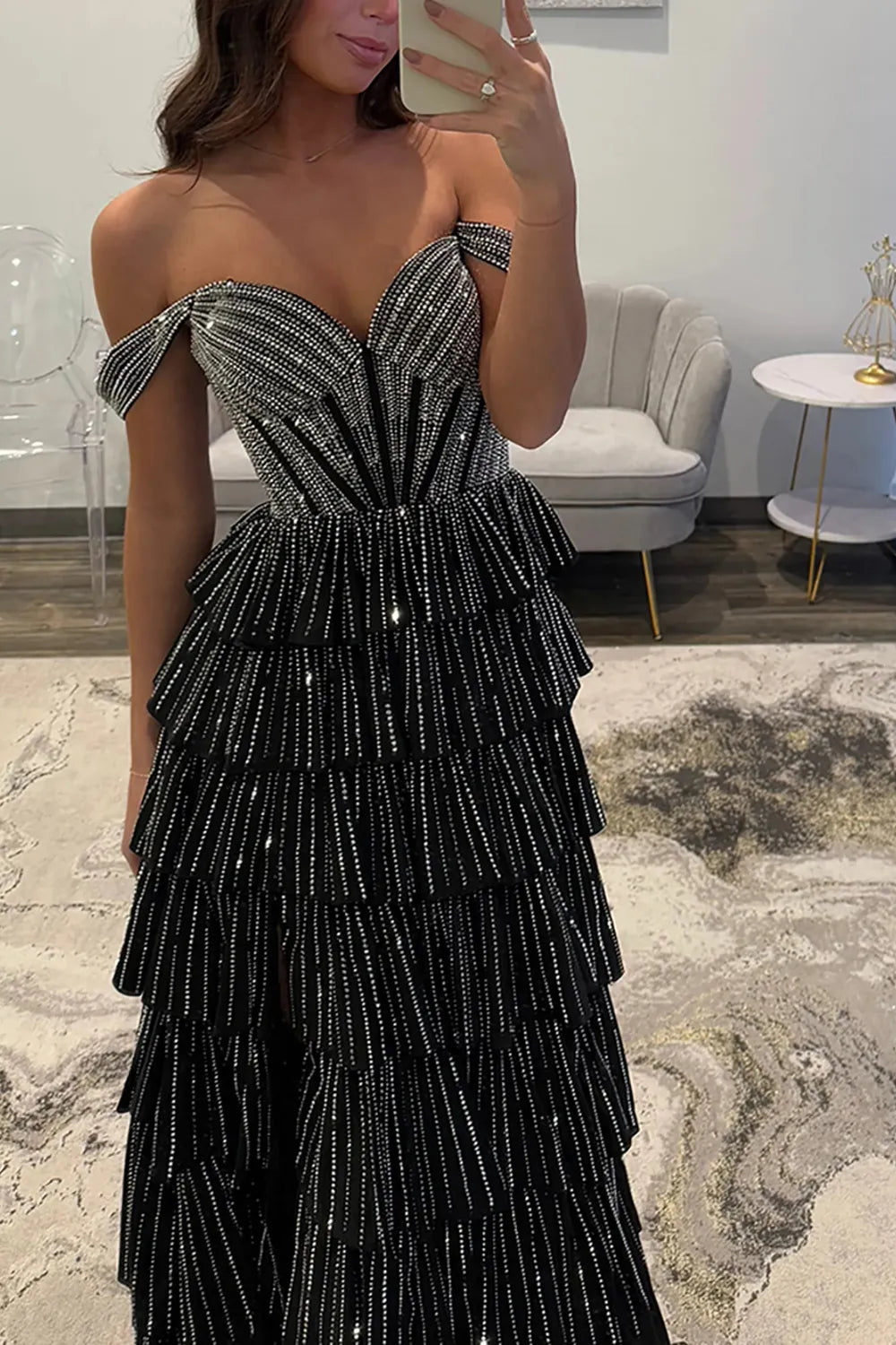 Glitter Black Off-the-Shoulder Beaded A-Line Tiered Long Prom Dress with Slit