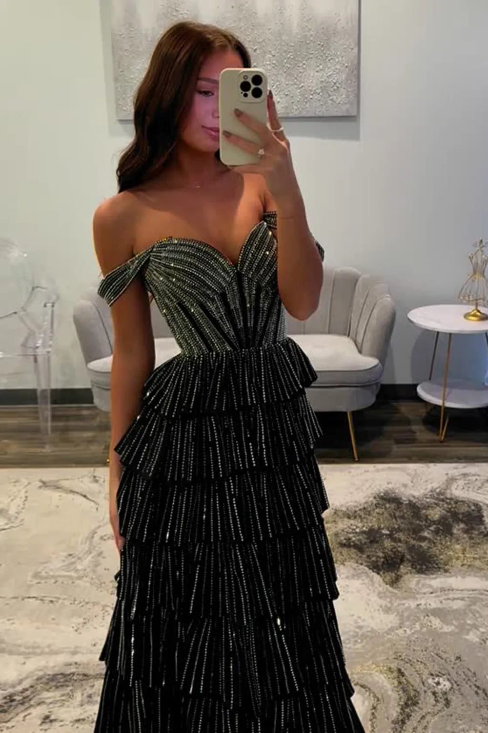 Glitter Black Off-the-Shoulder Beaded A-Line Tiered Long Prom Dress with Slit