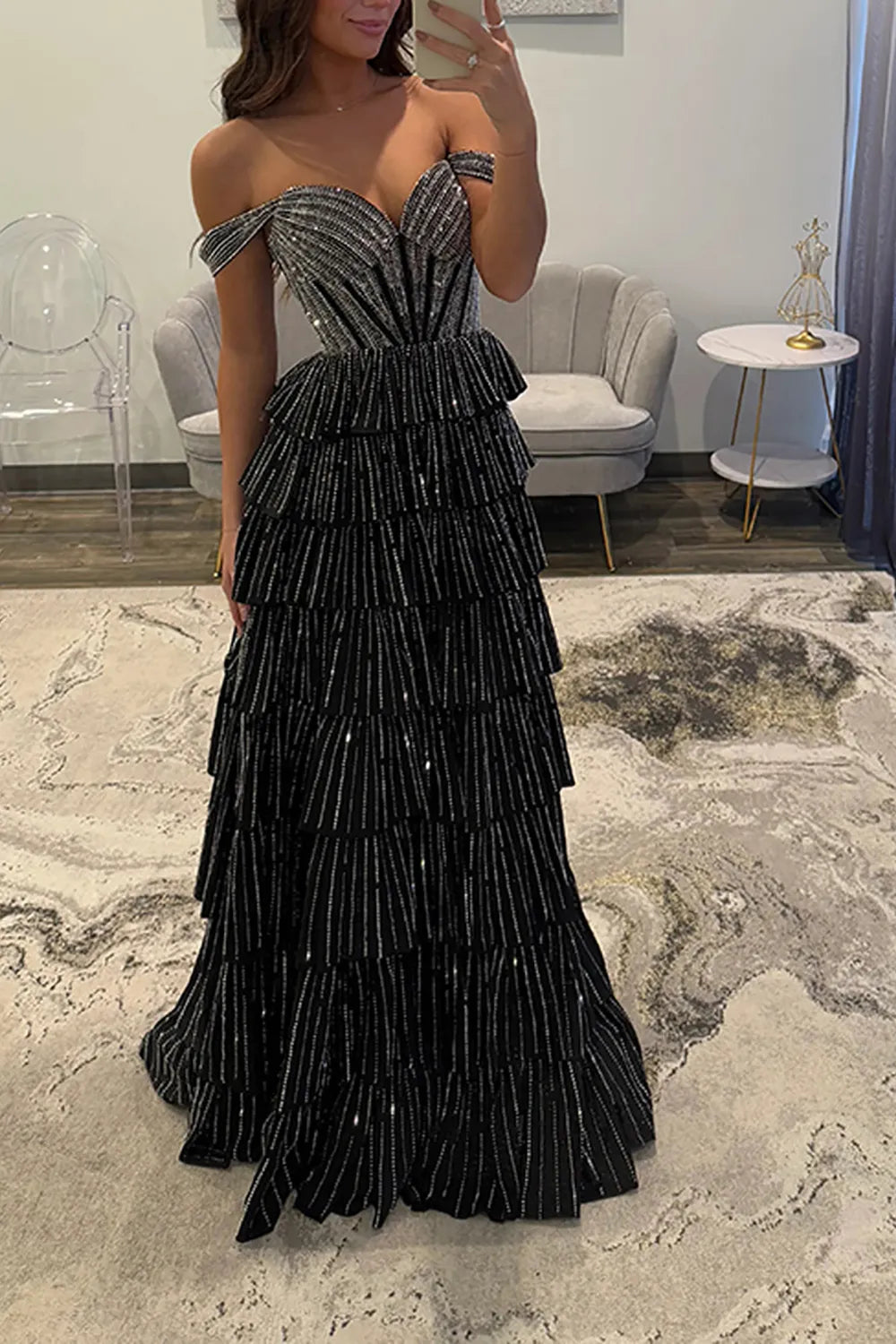 Glitter Black Off-the-Shoulder Beaded A-Line Tiered Long Prom Dress with Slit