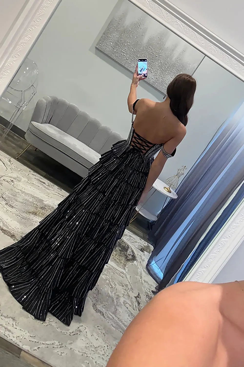 Glitter Black Off-the-Shoulder Beaded A-Line Tiered Long Prom Dress with Slit