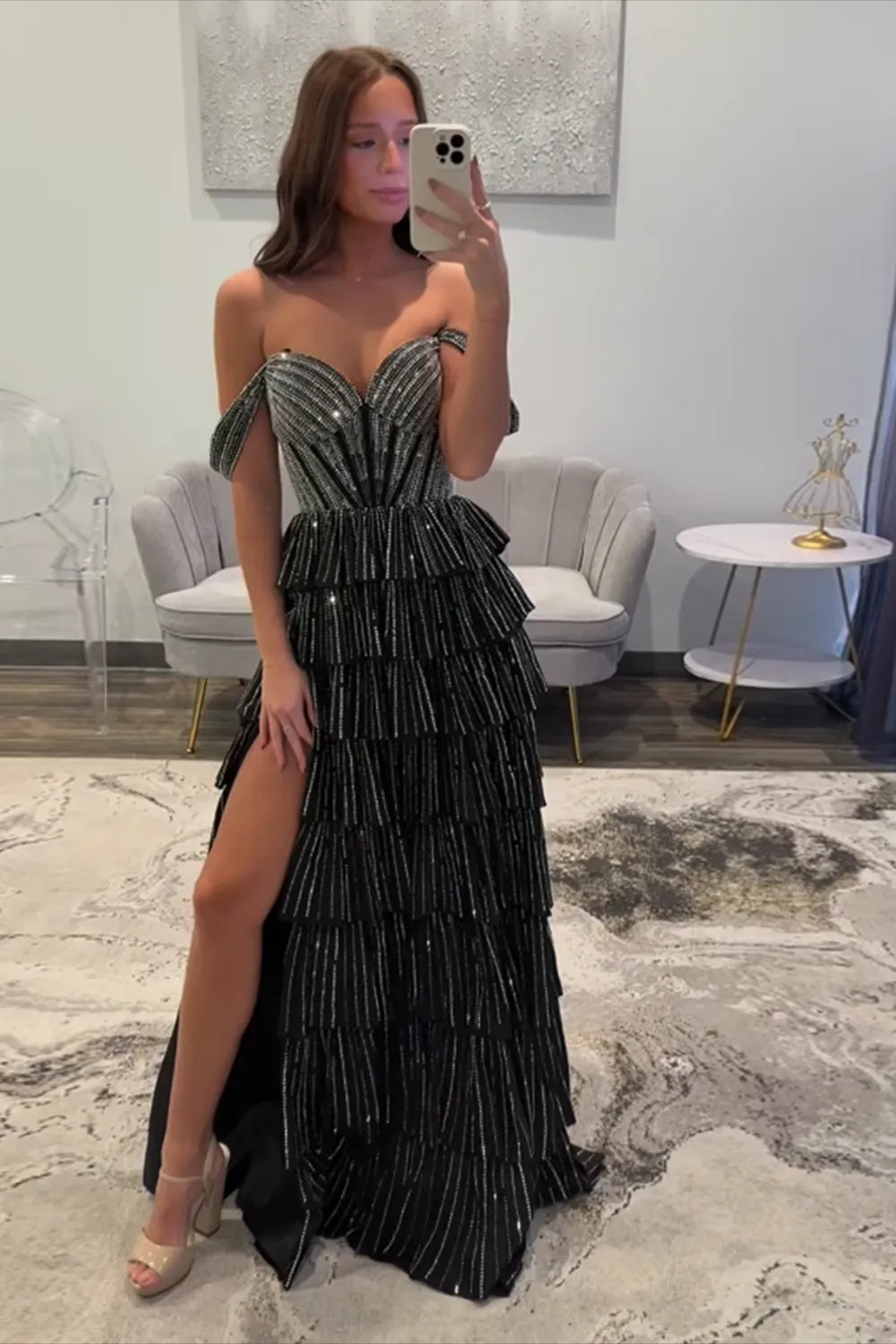 Glitter Black Off-the-Shoulder Beaded A-Line Tiered Long Prom Dress with Slit