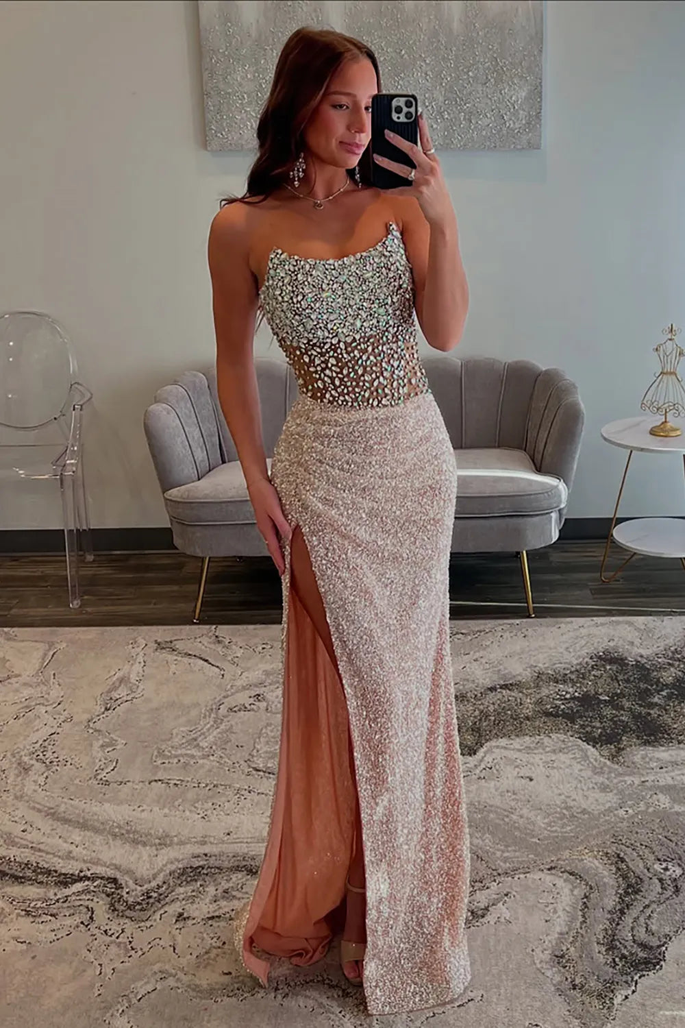 Glitter Champagne Strapless Sequin Mermaid Long Prom Dress with Beading